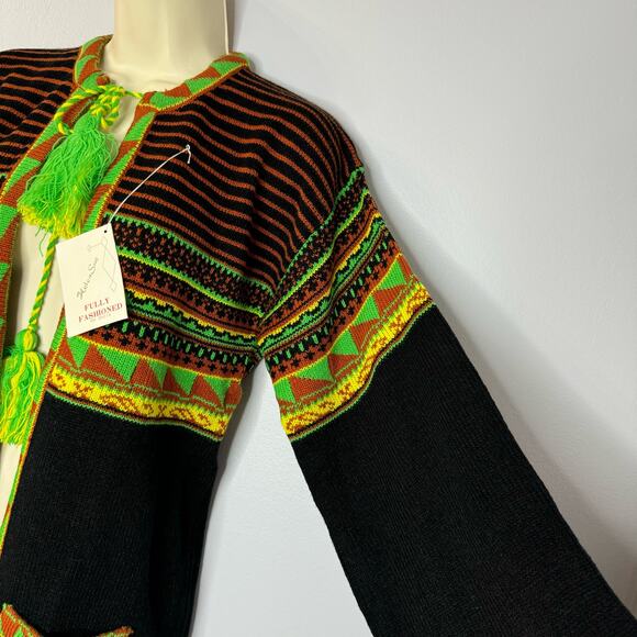 Helen Sue Vtg 70s Southwest Motifs Print Cardigan Tassel Tie Closure Bohemian - Picture 6 of 14